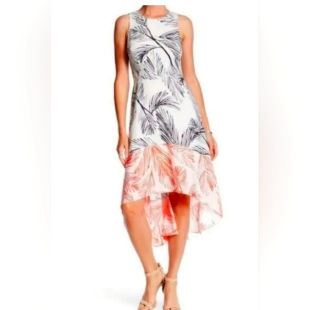 Vince Camuto Black & Peach Palm Leaf Print High Low Flare Sleeveless Dress